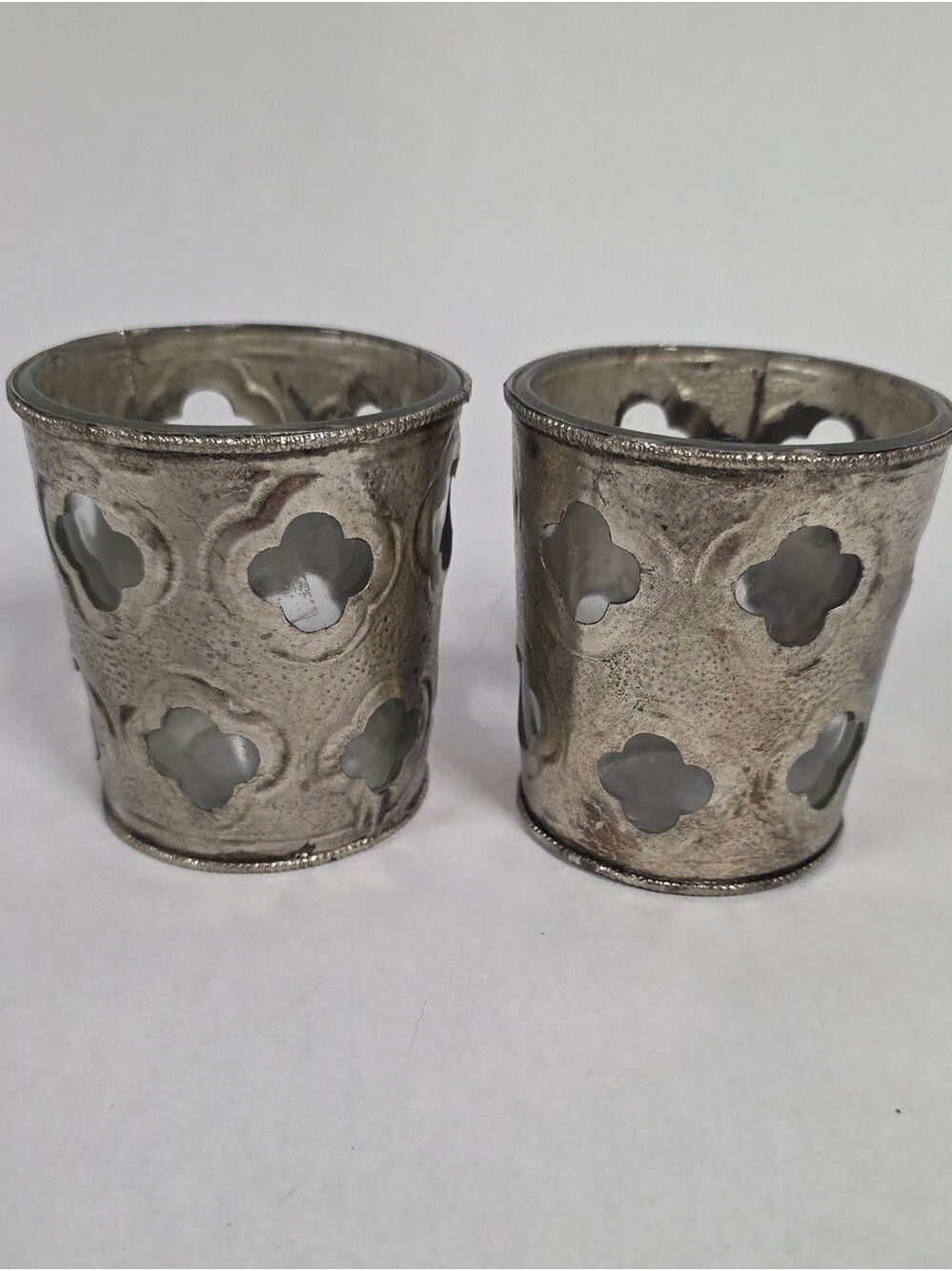 Moroccan Style Cut-Out Silver Glass Votive Candleholders (2) - Made in India